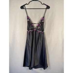 Victoria's Secret Slip Chemise Womens L Black Floral Embroidered Sexy Sheer Top